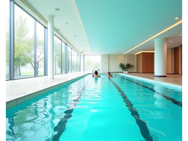 Belle piscine intérieure avec des nageurs dans l'eau.
